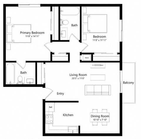 Floor plan for 2 beds, 2 baths, 935 sqft